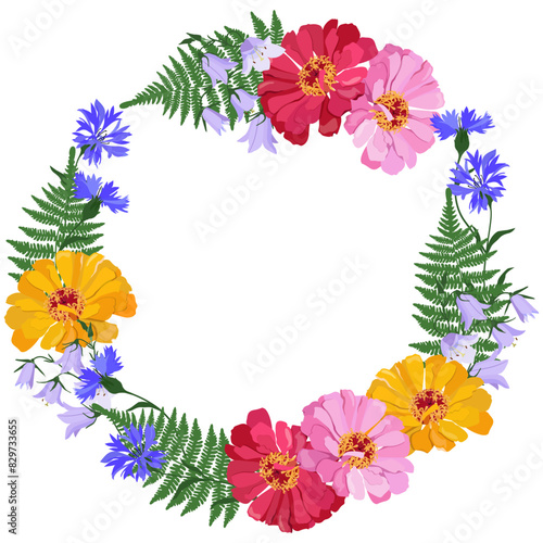 Decorative vector wreath of garden flowers, chrysanthemum, cornflowers, lavender and campanula