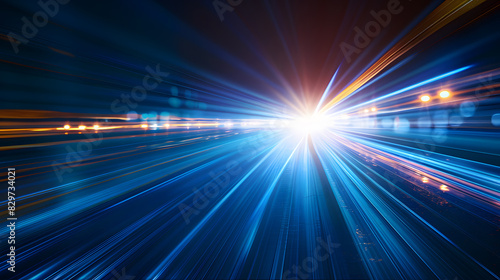 Digital image of light rays, stripes lines with blue light, speed and motion blur over dark blue background. Generative AI. © tfk