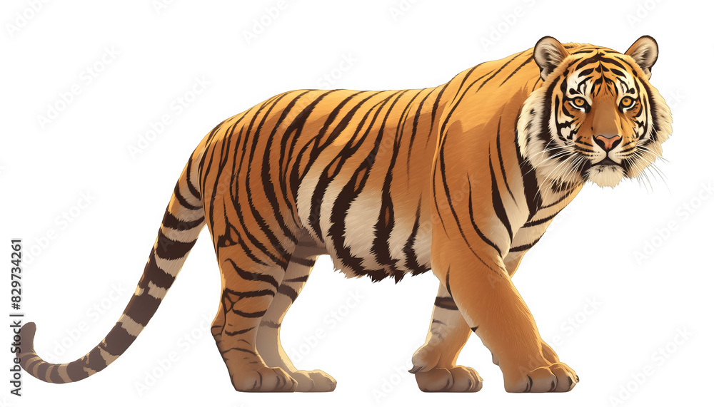Obraz premium Illustration of a majestic tiger with bold stripes, highlighted in a dynamic pose, showcasing its powerful presence and natural beauty.