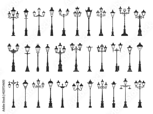Black Silhouettes of Retro Streetlights Icons Set. Simple Flat Style White Background. Urban City Vintage Lamp Light Pole Road Decorative Element Illustration