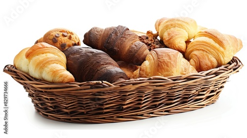 various breads and croissants in a basket on a white background, with professional color grading, soft shadows, and no contrast.