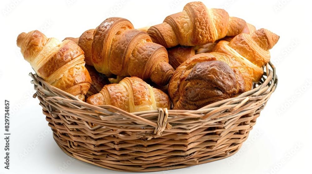 various breads and croissants in a basket on a white background, with professional color grading, soft shadows, and no contrast. various breads and croissants in a basket on a white background, with professional color grading, soft shadows, and no contrast.