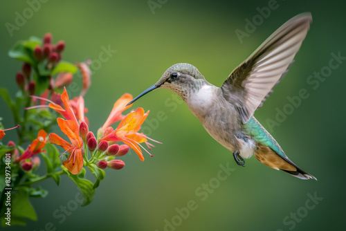 AI generated illustration of a hummingbird hovers gracefully near vibrant orange flowers