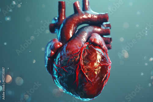 Anatomically detailed human heart floating with a teal background.