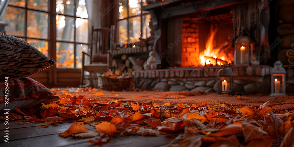 Cozy Fireplace with Autumn Leaves Indoors | Warm and Inviting Rustic Living Space Cozy Fireplace with Autumn Leaves Indoors | Warm and Inviting Rustic Living Space