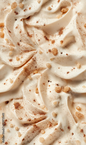 churro ice cream surface close-up shot, a closeup of the churro ice cream texture, highlighting its creamy base with cinnamon and sugar swirls and chunks of churro