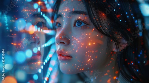 A partial digital portrait features a woman's eye amidst a technological backdrop, representing connection or future concepts