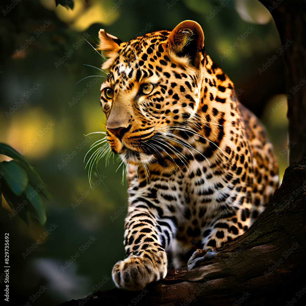 Fototapeta premium a leopard is walking up and down the tree on its branches tree back ground generate ai