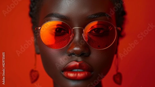 Striking close-up of a woman wearing reflective orange sunglasses and earrings in a vivid red background
