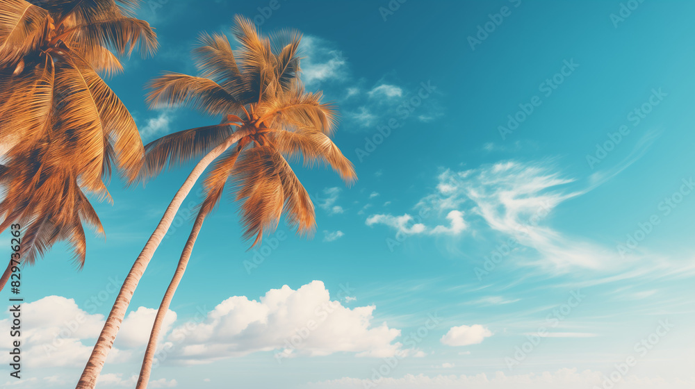 Beautiful summer background with palm trees and blue sky. Vacation concept, tropical beach landscape with clouds. Vintage color tone.