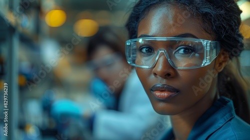 A focused scientist with protective glasses in a lab context shows professionalism and research