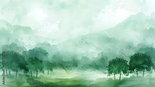 Fototapeta Naklejka Na Ścianę i Meble -  green landscape wallpaper texture watercolor background. Generative AI.