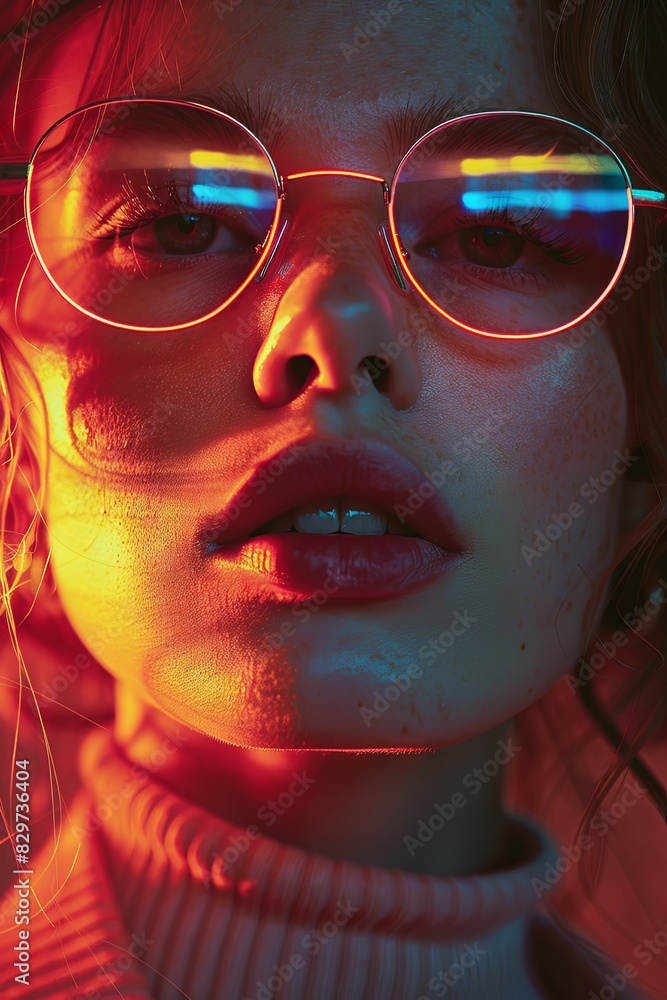 An intense close-up of a woman with neon reflections, highlighting mood and futuristic style An intense close-up of a woman with neon reflections, highlighting mood and futuristic style