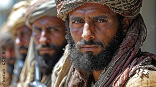 A close-up of tribal men with penetrating stares conveys cultural depth and intensity