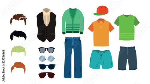 Set of men's haircuts, clothes and glasses in cartoon style. Vector illustration of stylish colored hairstyles, jeans, sweater, vest and shirt, footballs and shorts, cap, glasses of different shapes.