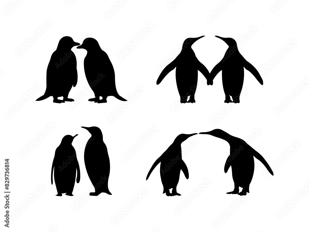 Naklejka premium Set of Penguin couple Silhouette in various poses isolated on white background