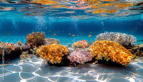 Vibrant coral reef teeming with life in a tropical ocean.