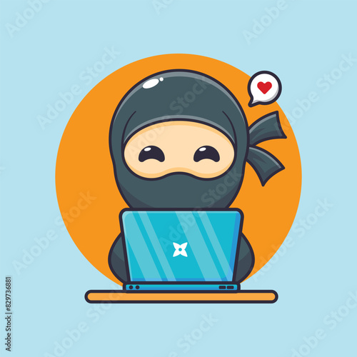 Cute ninja with laptop cartoon vector illustration
