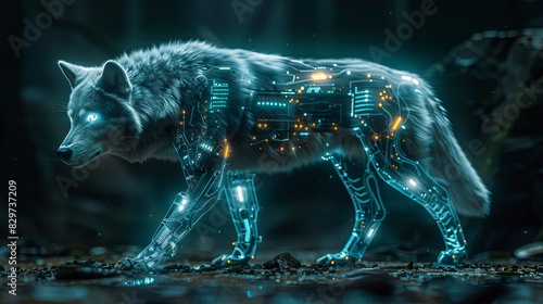 A digital artwork of a cybernetic wolf with glowing circuits in a mysterious forest setting