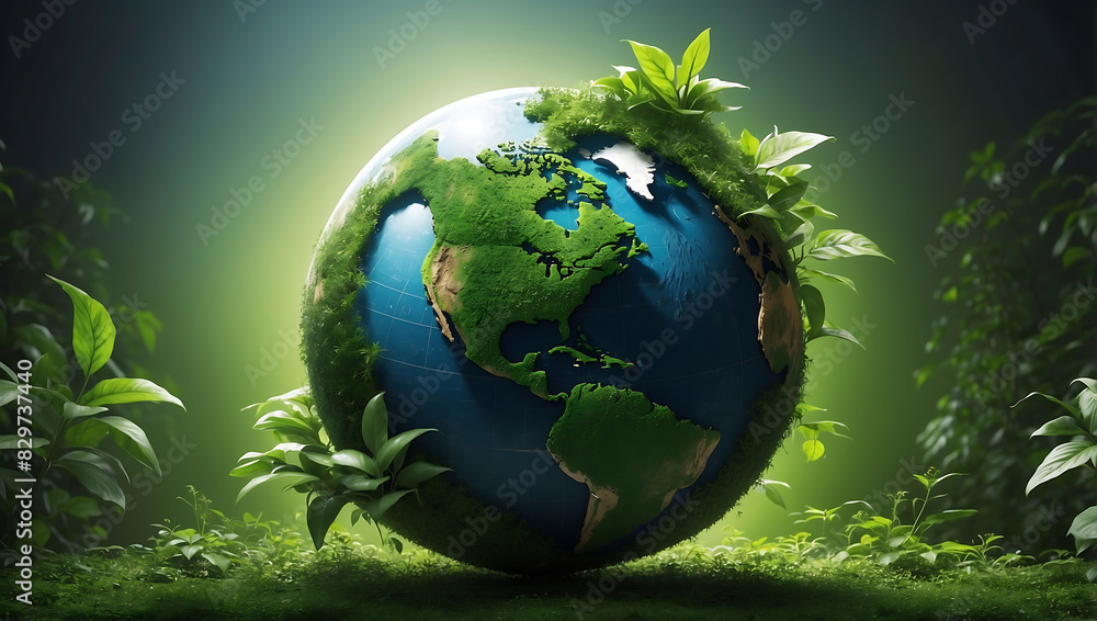 World environment day, A green globe representing Earth, partially covered with vibrant green leaves, symbolizing nature and environmental sustainability World environment day, A green globe representing Earth, partially covered with vibrant green leaves, symbolizing nature and environmental sustainability