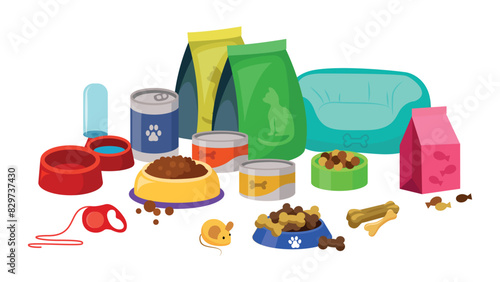 Set of pet care supplies in cartoon style. Vector illustration of products for cats and dogs: food in bags, canned food, bones, pillow, container for food and water, isolated on a white background.