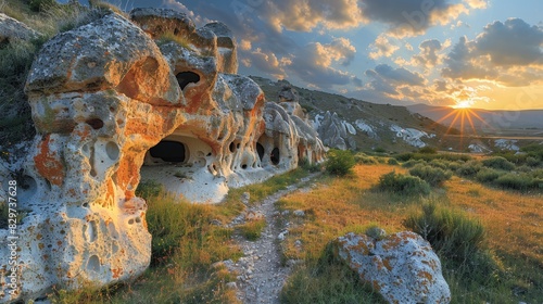 Beautiful landscape showing ancient cave dwellings in Cappadocia, Turkey during a golden sunset