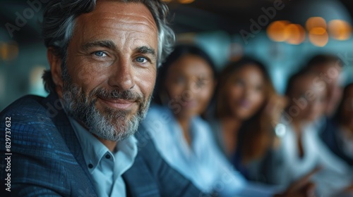 Charismatic mature man with a beard in a business meeting with colleagues