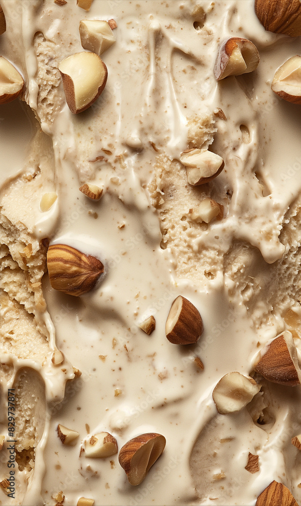 hazelnut ice cream surface close-up shot, a closeup of the hazelnut ice cream texture, displaying its creamy base with a light brown color and pieces of hazelnuts hazelnut ice cream surface close-up shot, a closeup of the hazelnut ice cream texture, displaying its creamy base with a light brown color and pieces of hazelnuts
