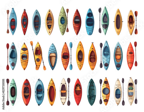 Cartoon Different Types of Kayaks and Canoes Icons Set. Simple Vector Cartoon Style White Background. Watercraft Boating Paddling Outdoor Adventure Recreation Sport Illustration