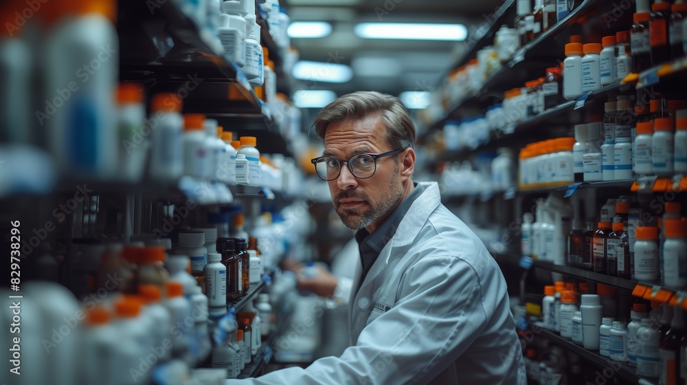 A focused male pharmacist in a lab coat searching for medication on pharmacy shelves A focused male pharmacist in a lab coat searching for medication on pharmacy shelves