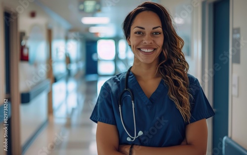 Amidst the Hospital's Bustle, a Confident Nurse Holds Her Ground, Confidence Radiates from the Attractive Nurse in the Hospital Passage Ai Generated