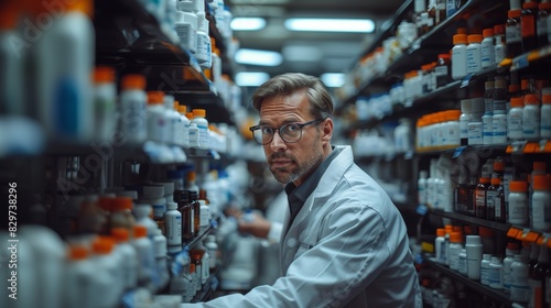 A focused male pharmacist in a lab coat searching for medication on pharmacy shelves