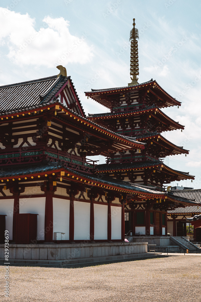 Scenic view of the Shitenno-ji Buddhist temple in Osaka, Japan. Scenic view of the Shitenno-ji Buddhist temple in Osaka, Japan.