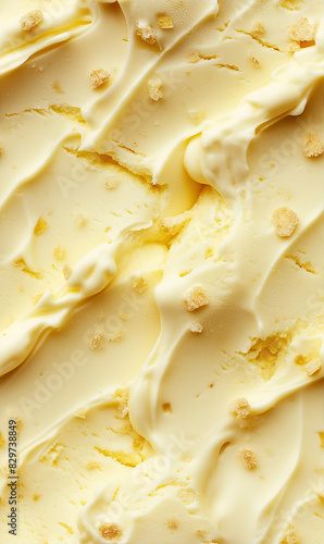 lemon cheesecake ice cream surface close-up shot, a closeup of the lemon cheesecake ice cream texture, displaying its creamy base with a light yellow color and pieces of graham cracker