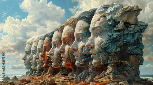 Artistic rock formations sculpted to look like a sequence of human faces along a serene beach setting