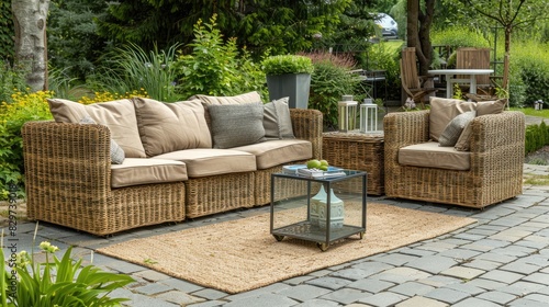 A contemporary terraced courtyard with a gray sofa  glass coffee table  and rattan armchair on a beige tile floor  set against a stone wall background  ideal for summer parties and relaxation.