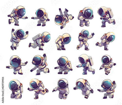 Cartoon Tiny Astronaut in Various Poses Icons Set. Simple Vector Cartoon Style. White Background. Space Exploration Cosmonaut Spacesuit Galaxy Universe Illustration