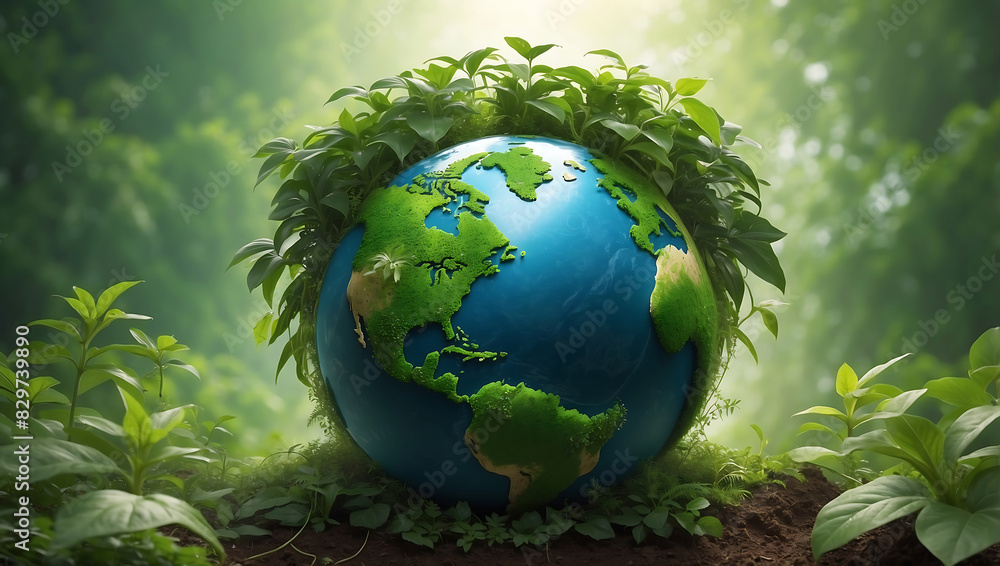 World environment day, A green globe representing Earth, partially covered with vibrant green leaves, symbolizing nature and environmental sustainability World environment day, A green globe representing Earth, partially covered with vibrant green leaves, symbolizing nature and environmental sustainability