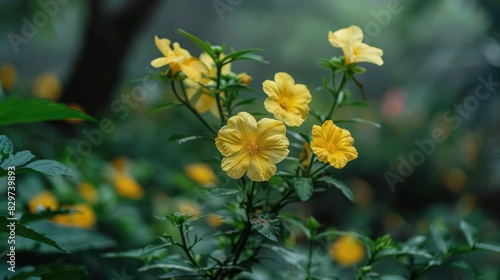 Yellow unitary blooms with four petals are flourishing splendidly in the garden photo