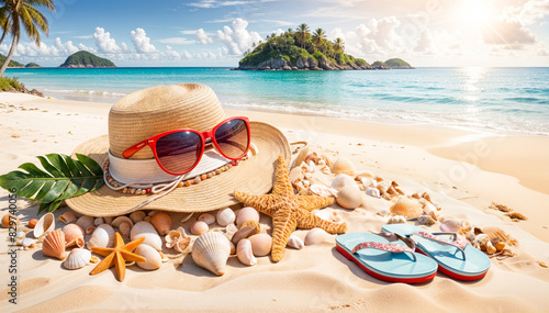 A tropical beach scene with palm trees  a straw hat  sunglasses  starfish and seashells on the sandy shore. The clear blue sky.