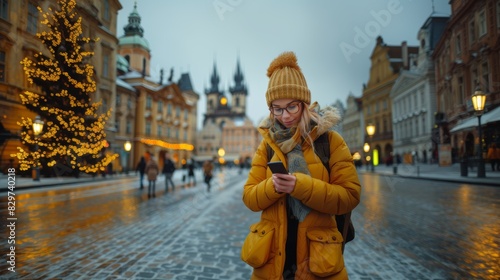 A woman bundled in a warm yellow jacket holds a phone in a festive city setting with Christmas lights