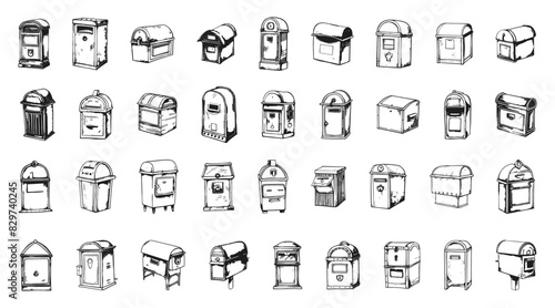 Doodle Different Types of Mailboxes Icons Set. Hand Drawn Simple Style. Black Icons on White Background. Postbox Letterbox Mail Postal Service Delivery Communication Correspondence