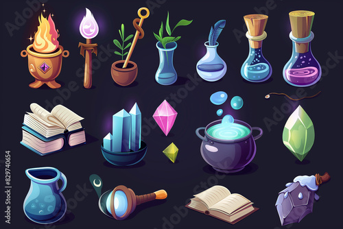 set of icons for a magical game, sorcery elements for the fantasy game, Amulets, crystals, spell books, and a cauldron with boiling potion, generative ai