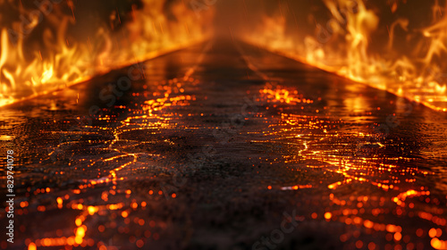 wet long road on fire texture background. Generative AI.