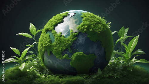 World environment day, A green globe representing Earth, partially covered with vibrant green leaves, symbolizing nature and environmental sustainability © mdaktaruzzaman
