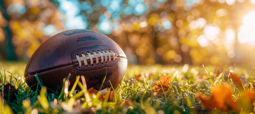 American football ball on stadium grass with ample copy space for text placement