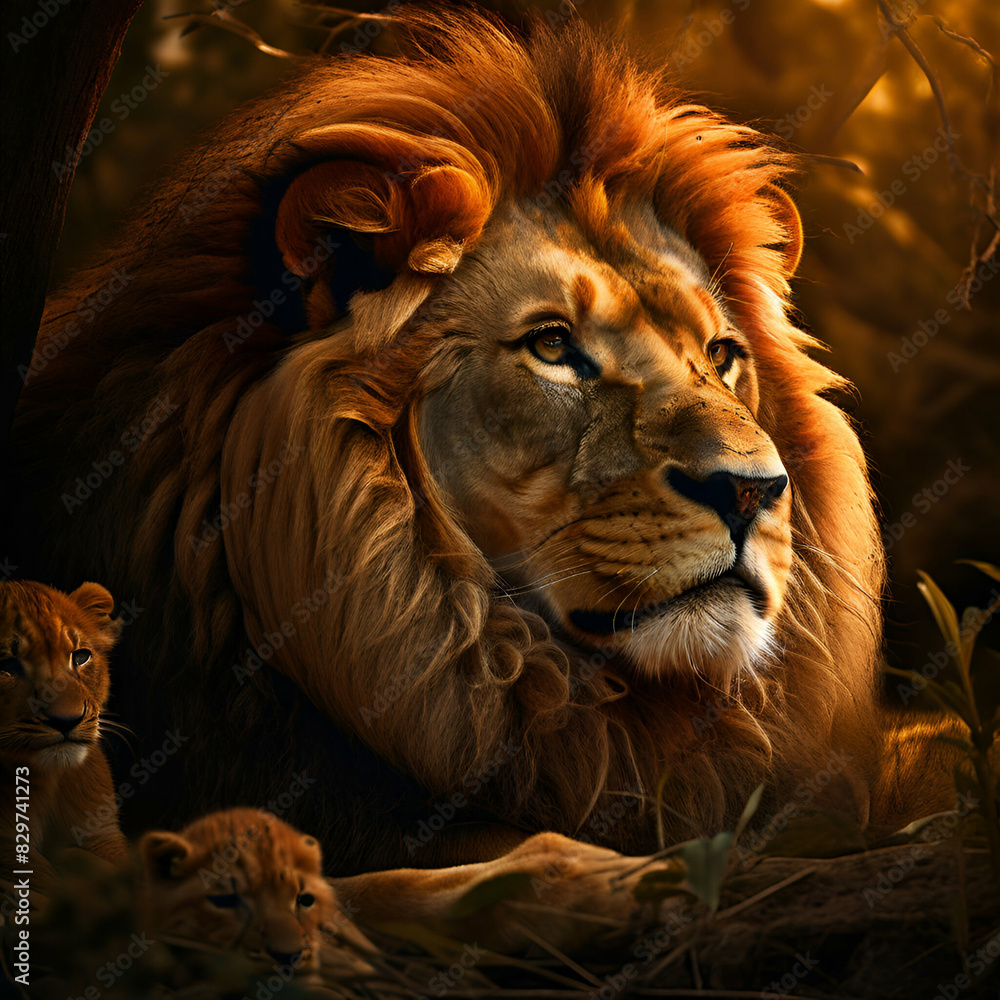 Fototapeta premium a big lion is watching like the small lions 3 lions black baground generate ai,