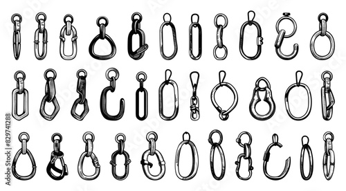 Doodle Style Carabiners Icon Set. Carabiner, Climbing, Outdoor, Adventure, Gear, Equipment, Safety, Hiking, Mountaineering, Rock Climbing, Sport, Tool, Hook, Clip, Hand Drawn, Sketch, Drawing, White