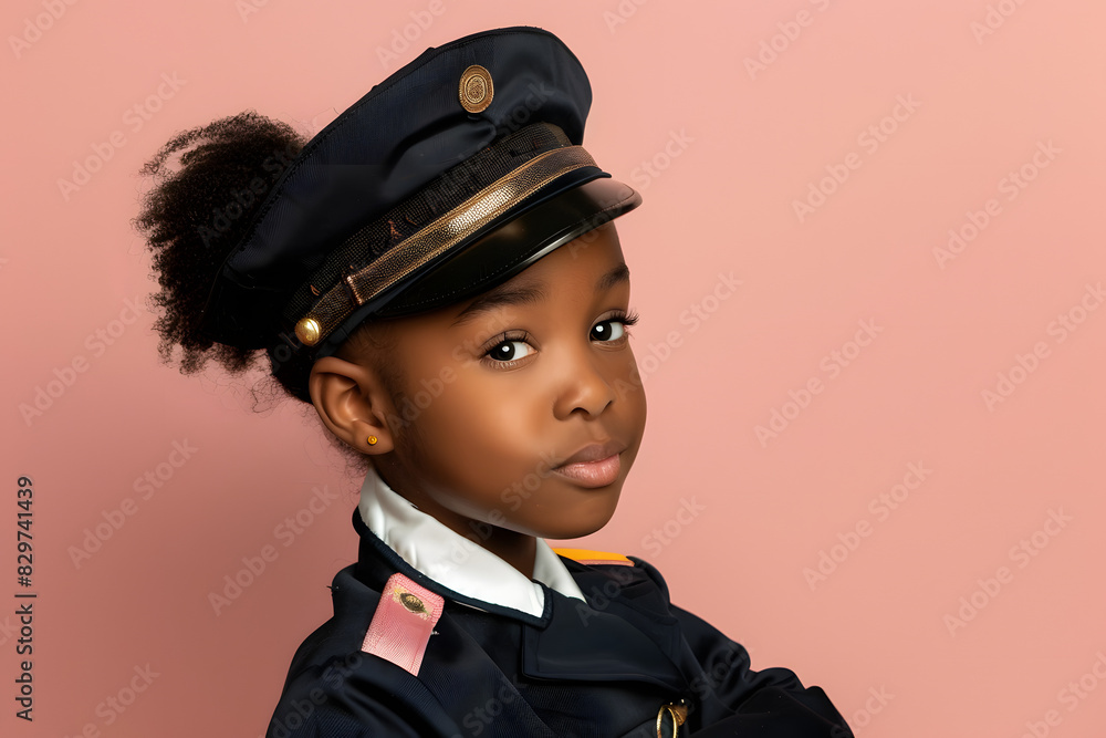 African child girl posing in pilot uniform costume on pastel background. African child girl posing in pilot uniform costume on pastel background.