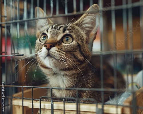 Close-up of a curious tabby kitten looking up from inside a metal cage, demonstrating the innocence and hopefulness of animals in shelters. © sorrakrit